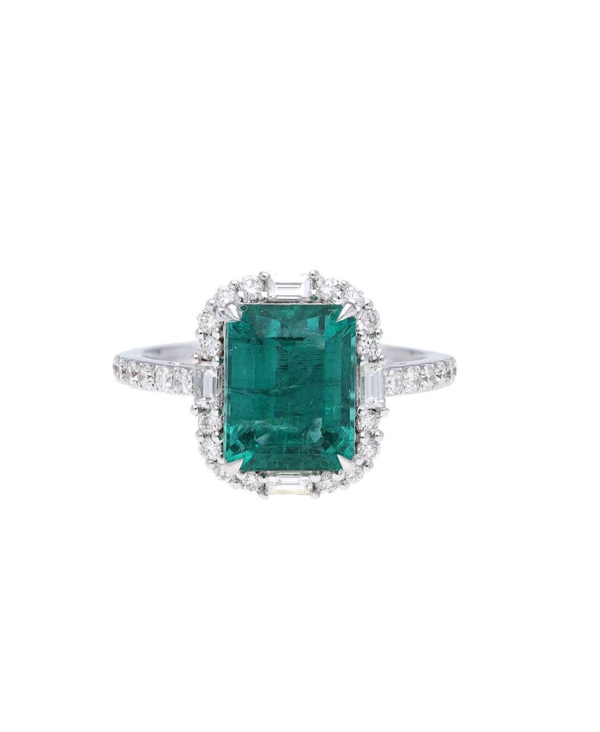 Emerald-Cut Green Stone Sterling Silver Halo Ring